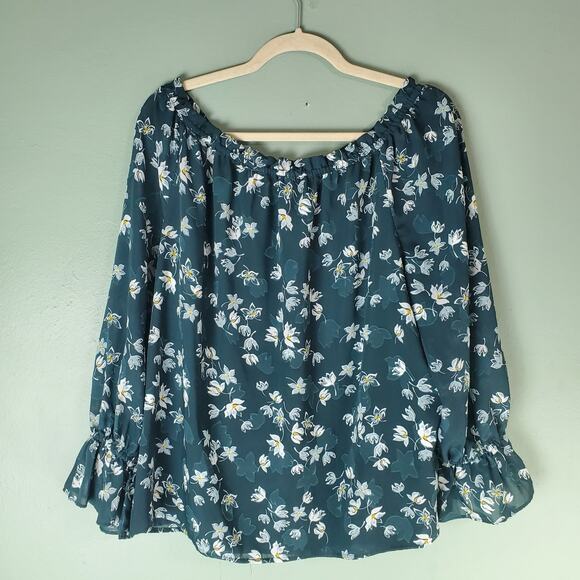 Ann Taylor Loft Womens Green Floral Off The Shoulder Float Blouse Top Size Large - Picture 2 of 6